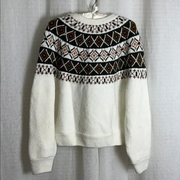 GROVE & HOLLOW Fair Isle Ivory Green Tan Navy Orange Crew Wool Blend Sweater